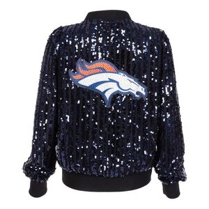 Broncos Team Apparel Black / Navy Sequin Varsity Jacket Woman Medium NWT